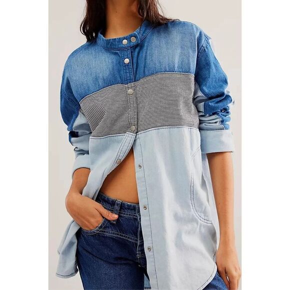 We The Free OB1801414 Women Sz XS Blue Combo Moto Colorblock Denim L/S Shirt - Picture 9 of 10
